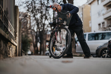 Active senior man repairing bicycle on urban city street.