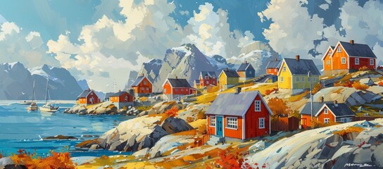 Watercolor of panoramic view of a quaint Greenland village, vibrant homes dotting the rugged coastline under the midnight sun - obrazy, fototapety, plakaty