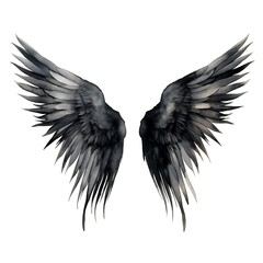 Hand drawn black wings isolated on white background. Watercolor illustration.