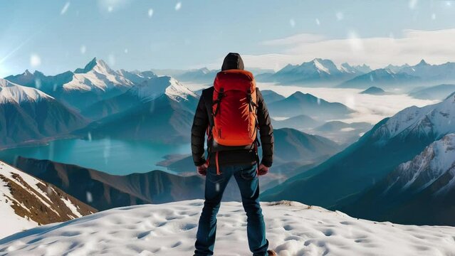 A man is standing with his back to a snowy mountain, facing a strong snowstorm. Concept of determination and courage in the midst of an extreme environment
