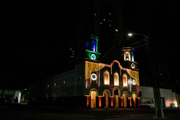 church in the night, parish of the good jesus of sorrows, Brazilian church, church facade with...
