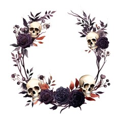 Watercolor floral wreath with flowers and skull. Hand painted illustration