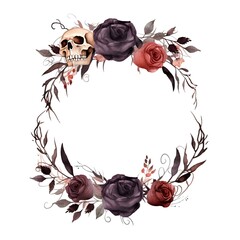 Watercolor floral wreath with skull and roses. Hand painted illustration