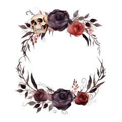 Papier Peint photo autocollant Crâne aquarelle Watercolor floral wreath with skull and roses. Hand painted illustration