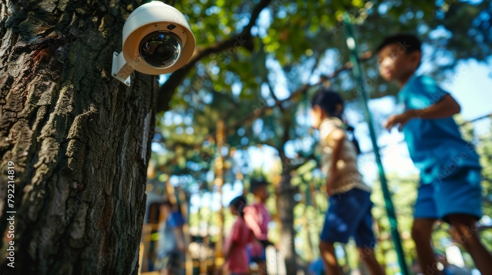 Poster a group of children playing on a playground with a surveillance camera positioned on a nearby tree. 