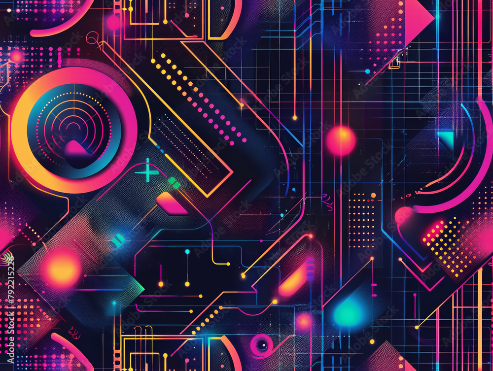 Poster abstract digital illustration with glowing circuit board patterns and numbers representing data flow