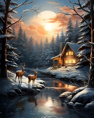 winter landscape with a cottage and two deers on the river at sunset