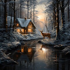 Beautiful winter landscape with a deer on the background of a wooden house