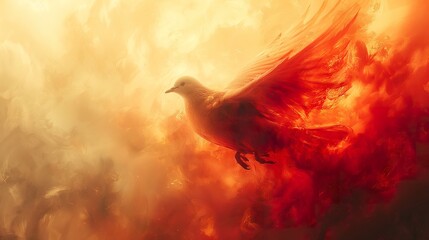 Dove of peace emerges from fiery depths, an emblem of tranquility and strength, stunning and thought-provoking