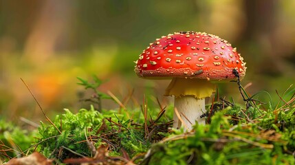 photo of single beautiful mushrooms in nature