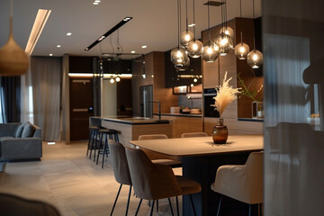 Fototapeta na wymiar A modern dining room with a minimalist table and statement chairs, illuminated by a cluster of pendant lights above.