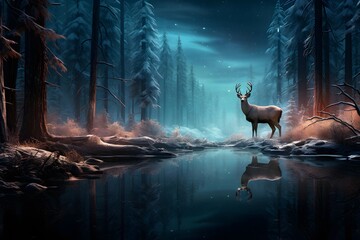 Fantasy landscape with deer in the forest at night. 3d illustration