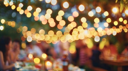 A blurry bokehfilled image of an outdoor fiesta with the warm glow of string lights and the smell of delicious food lingering in the air. The defocused background adds a sense of depth .