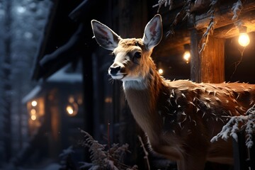 Beautiful deer in the winter forest. BANNER, LONG FORMAT - obrazy, fototapety, plakaty