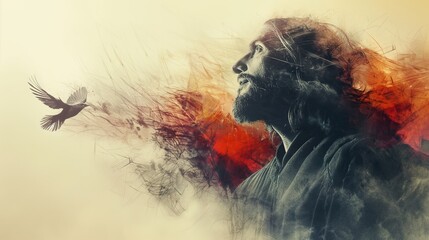 Christ with a peace dove, watercolor tones, ample copy space, ideal for religious themes.