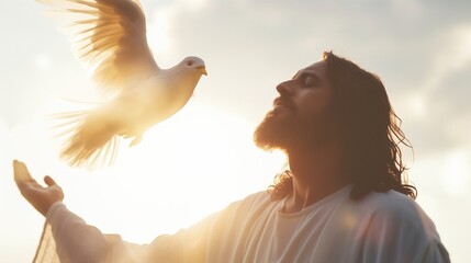 Jesus Christ embraces peace as a glowing dove hovers, with sunbeams highlighting the scene, perfect for spiritual themes
