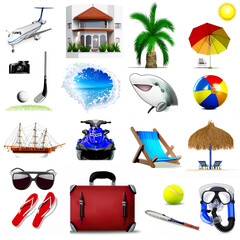 Collection of summer holiday travel symbols. Illustration of vacation travel set symbols, concept objects isolated. Background.