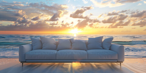 Fototapeta na wymiar Coastal Comfort Sofa Silhouetted Against Beach Sunset