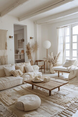 interior creative stylish living room in contemporary natural white and beige colour scheme