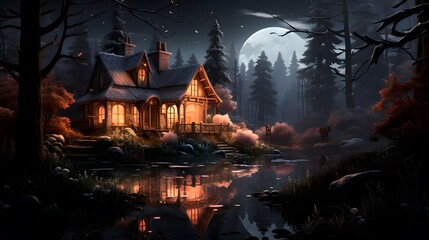 Night landscape with wooden house in the forest at night with full moon