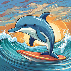 서핑을 하고 있는 돌고래 - obrazy, fototapety, plakaty
