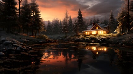 Cottage in the forest at sunset. Panoramic image.