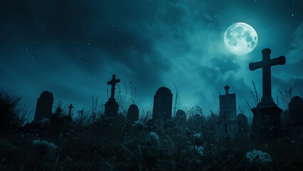 Gravestones and graves in the cemetery at night. Halloween background
