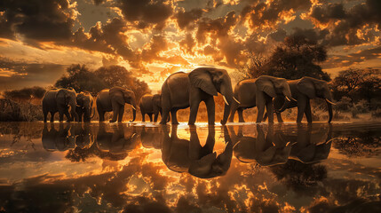 A group of African elephant, against an orange sunset beautiful sky