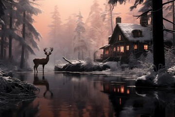 Foggy winter landscape with a reindeer in the forest