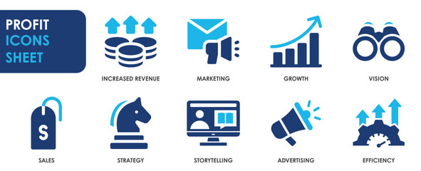 Profit in sale icon set. Profit and income related icons set.