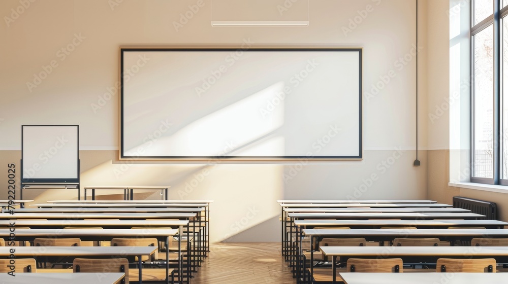 Poster blank mockup of a monitor in a classroom setting with a blank presentation on the screen .