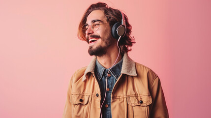Young man hipster style on studio colored background - obrazy, fototapety, plakaty