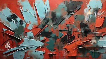 Foto op Canvas A red background with grungy graffiti, in the style of dark green and light blue, loose, gestural marks, abstraction-création, layered gestures  © Facundo