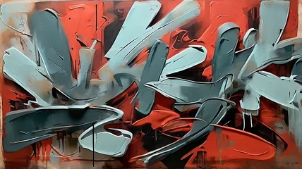 Foto op Canvas A red background with grungy graffiti, in the style of dark green and light blue, loose, gestural marks, abstraction-création, layered gestures  © Facundo