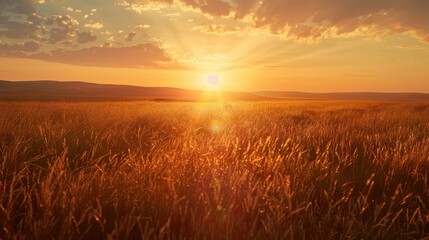 Golden sun setting over a peaceful prairie - obrazy, fototapety, plakaty
