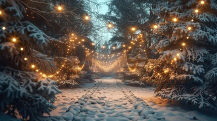 3D Christmas lights strung up between snowy trees - obrazy, fototapety, plakaty