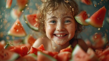 A joyful child's face peeks out from the center of an explosion of sliced watermelon pieces