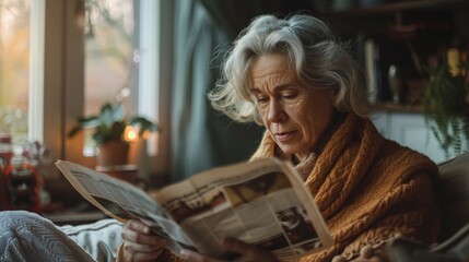 Portrait of smiling senior woman reading newspaper at home