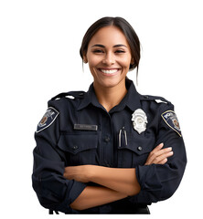 Female police officer smiling with arms crossed isolated on a transparent PNG background, white background , Generative Ai