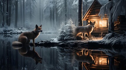 Two foxes in front of a wooden cottage in the winter forest