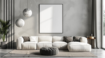 A modern interior with a blank poster on the wall, sofa, decorative spheres, and bright natural light, concept of interior design. Generative AI