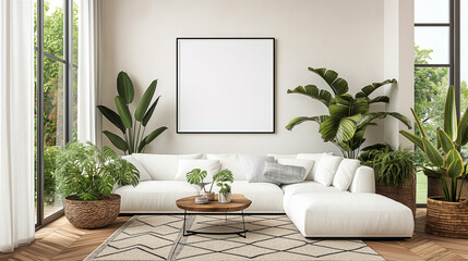 Modern living room interior with a blank poster on the wall, surrounded by indoor plants, photo-realistic style on a natural light background, concept of home decor. Generative AI