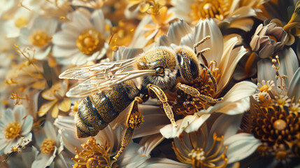 A bee sips nectar from a colorful flower in nature - Powered by Adobe