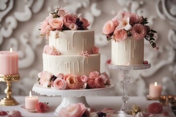 'wedding cake flowers flower dessert sweet white food pink rose party marriage frosting background cream celebration bridal event table wed reception sugar beautiful birthday decorated catering' - obrazy, fototapety, plakaty