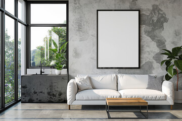 Modern living room interior with a blank poster on the wall, a white sofa, plants, and large windows on a concrete background. Generative AI