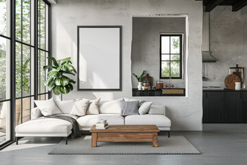 A modern living room interior with a large blank poster on the wall, stylish furniture, and greenery. It's on a light, textured background, embodying a concept of home design. Generative AI