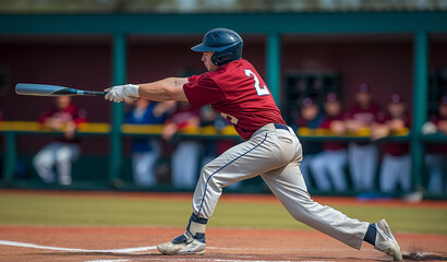 A man in a baseball uniform swinging a bat during a game, with teammates in the background, depicting the sport of baseball. Generative AI