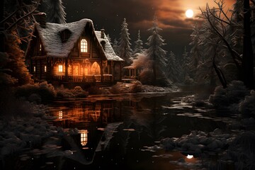Winter landscape with wooden house in the forest and lake at night.