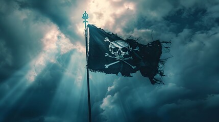 ripped tear grunge old fabric texture of the pirate skull flag waving in wind