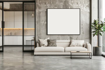 Modern living room interior with a blank poster on a concrete wall, minimalistic furniture design on a light background, concept of home interior. Generative AI